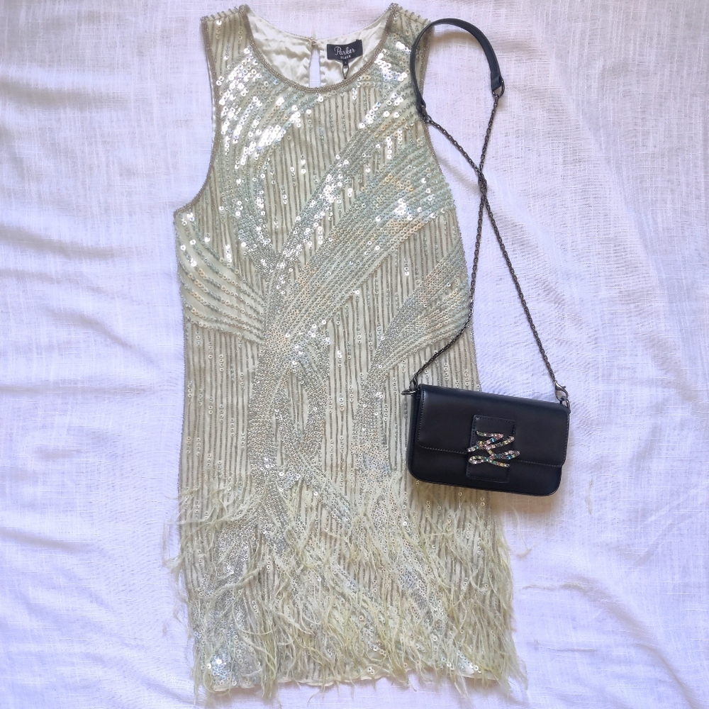 *PARKER BLACK* NWT beaded feathered mini dress in sea foam